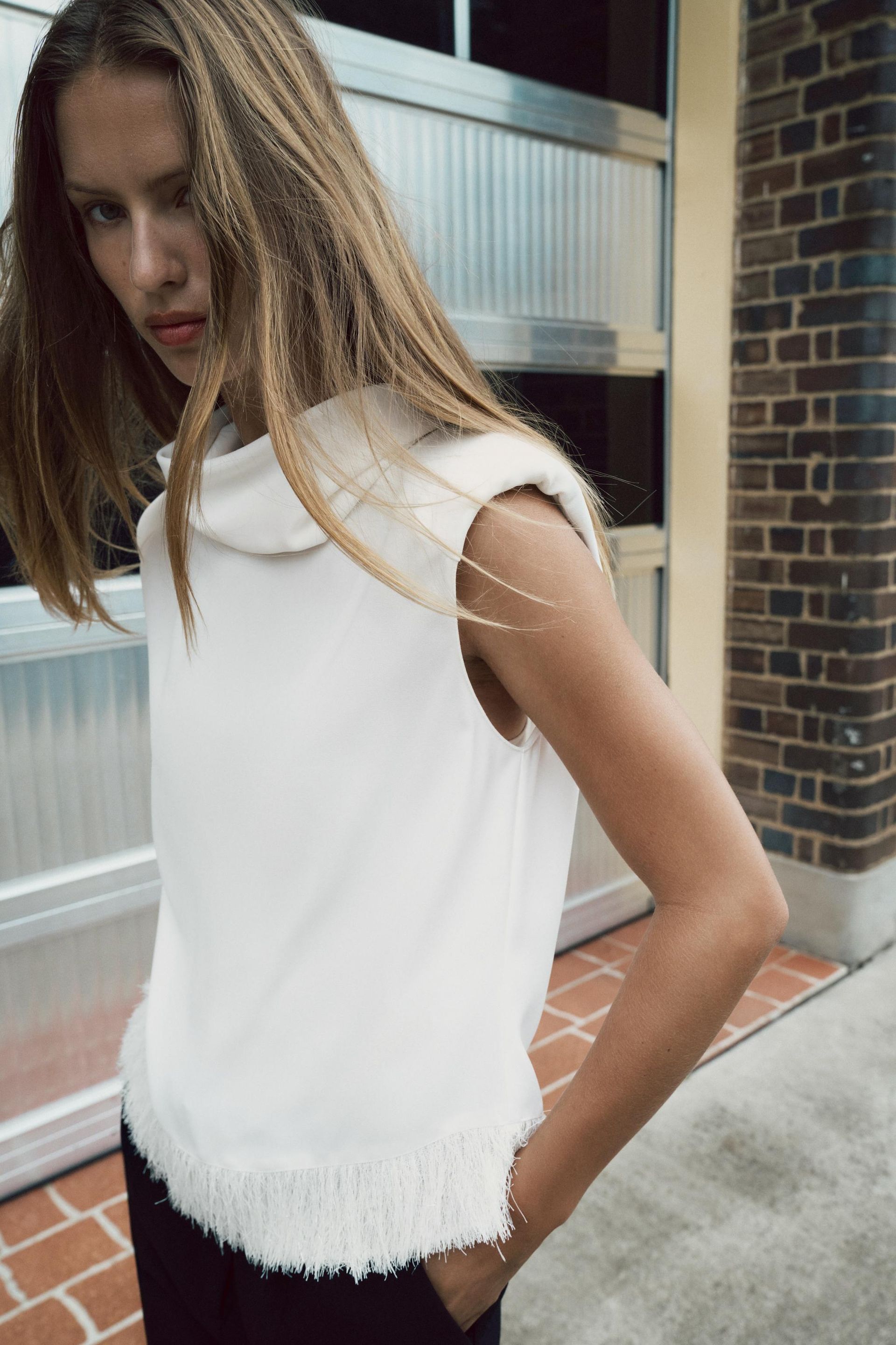 Shoulder Pad Fringed Top