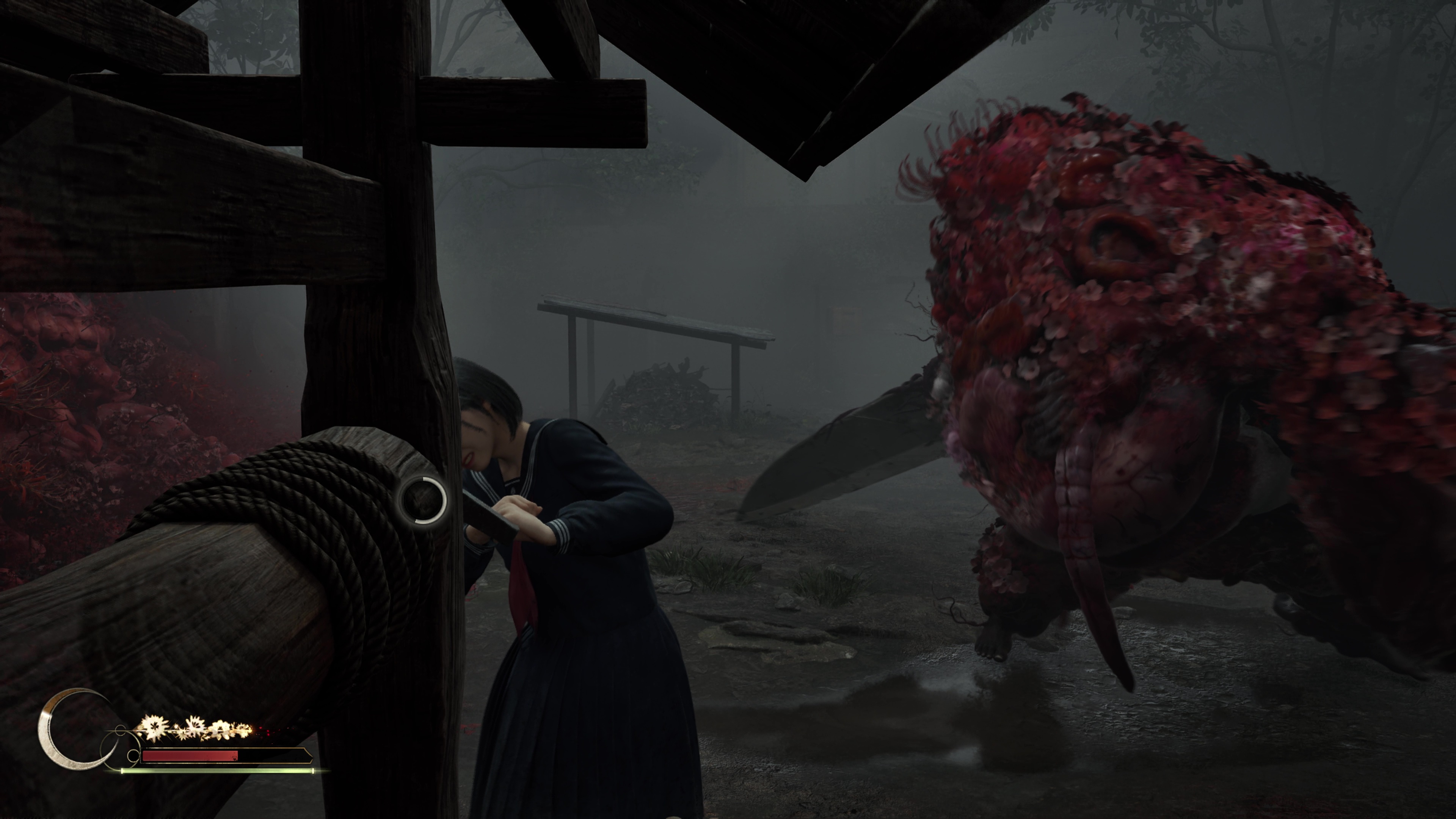 A hulking fleshy enemy with a giant knife in Silent Hill f approaches Hinako as she attempts to retrive a key from a well