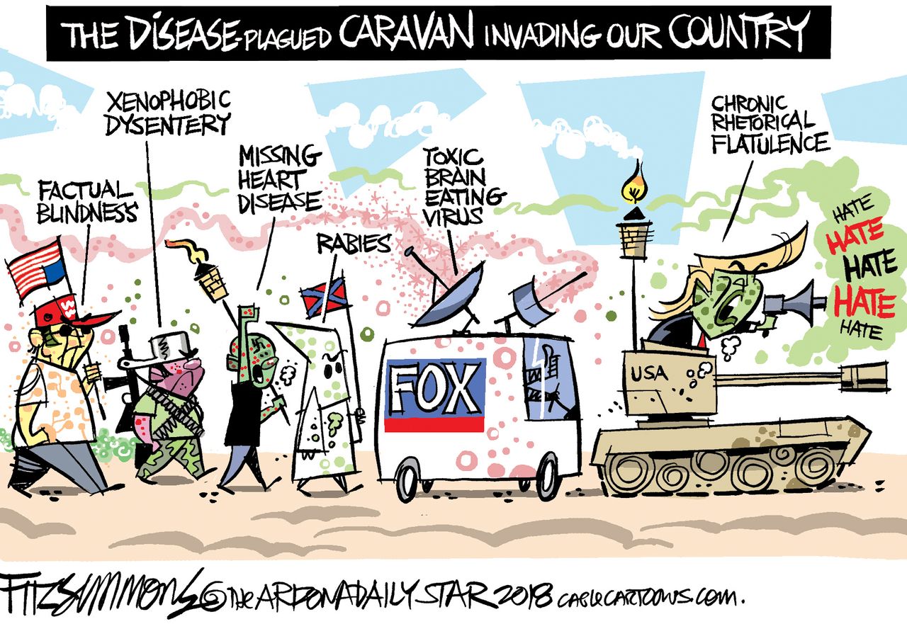 Political cartoon U.S. Trump migrant caravan disease hate Fox News xenophobia white supremacists