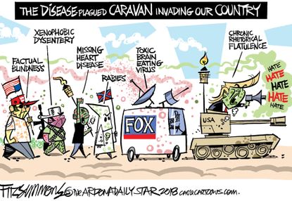 Political cartoon U.S. Trump migrant caravan disease hate Fox News xenophobia white supremacists
