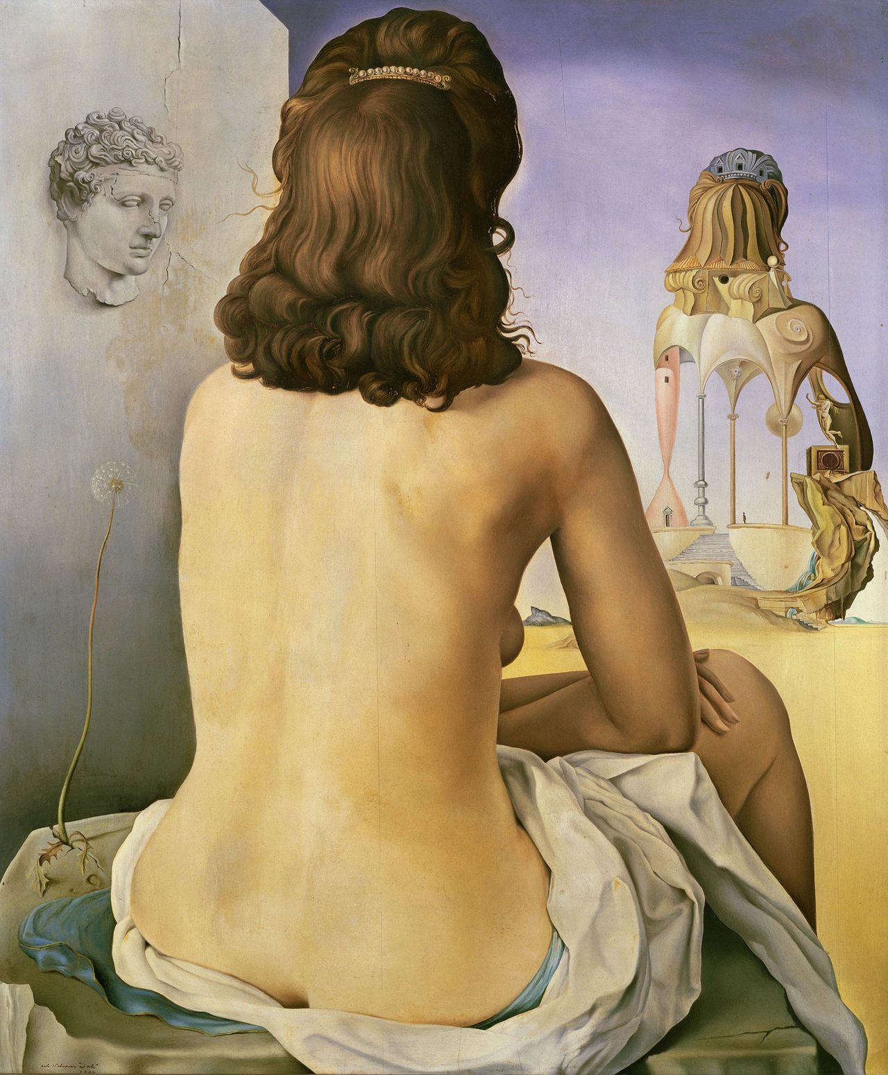 My Wife, Nude, Contemplating her Own Flesh Becoming Stairs, Three Vertebrae of a Column, Sky and Architecture, 1945, oil on wood, 24in by 25½in, by Salvador Dalí (1904–89), private collection. ©Salvador Dali, Fundació Gala-Salvador Dalí, DACS 2022 / Bridgeman Images.