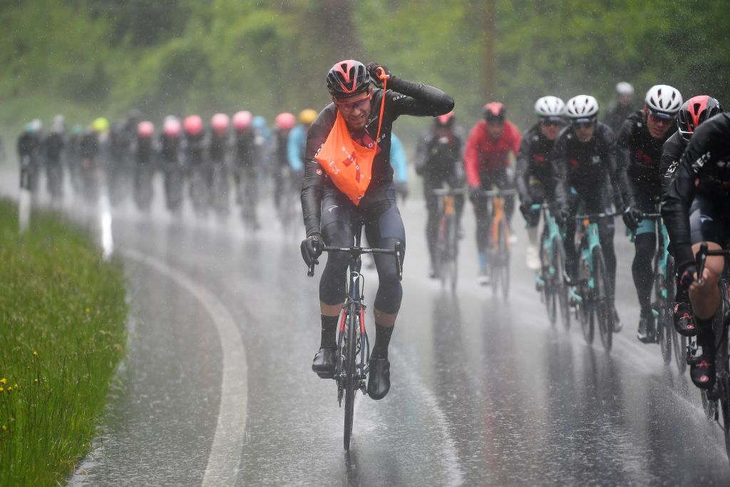 CORTINA DAMPEZZO ITALY MAY 24 Filippo Ganna of Italy and Team INEOS Grenadiers during the 104th Giro dItalia 2021 Stage 16 a 153km stage shortened due to bad weather conditions from Sacile to Cortina dAmpezzo 1210m Feeding Feed Zone Rain girodiitalia Giro on May 24 2021 in Cortina dAmpezzo Italy Photo by Tim de WaeleGetty Images