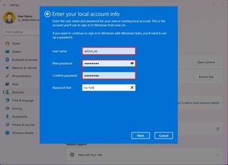 Windows 11 setup local account info