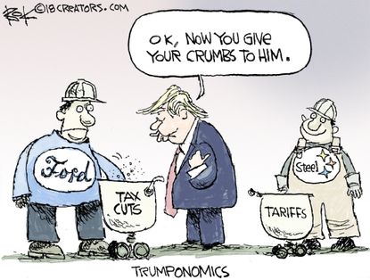 Political cartoon U.S. Trump tax cuts steel tariffs Ford cars trade war