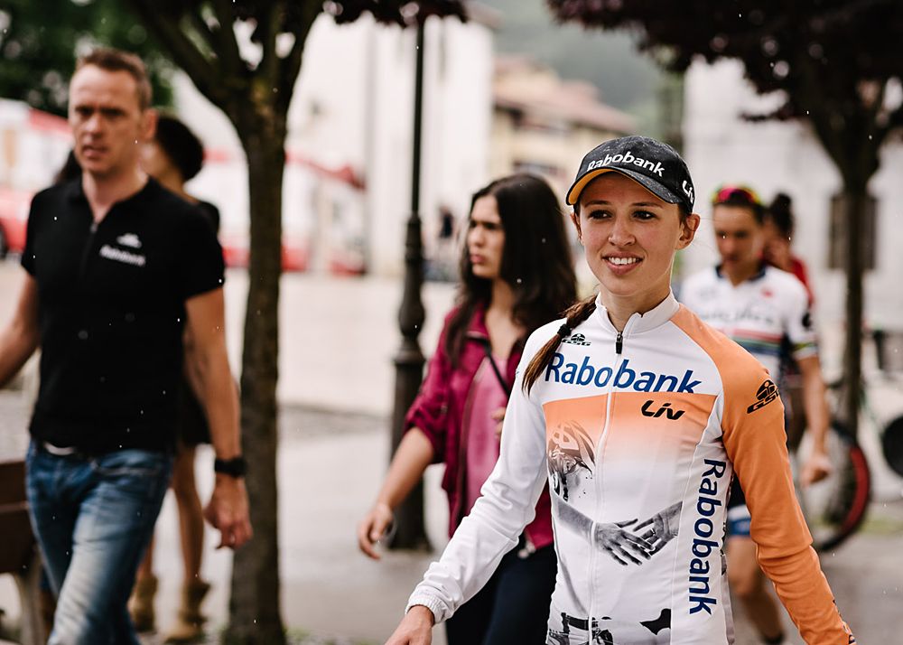 GC winner Kasia Niewiadoma (Rabo-Liv) makes her way to the podium