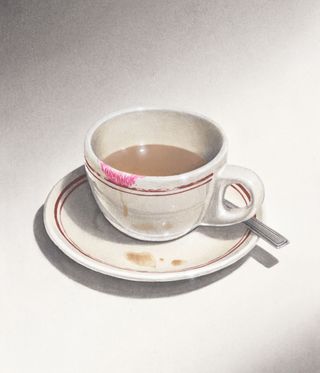 Artwork of coffee cup with lipstick on rim