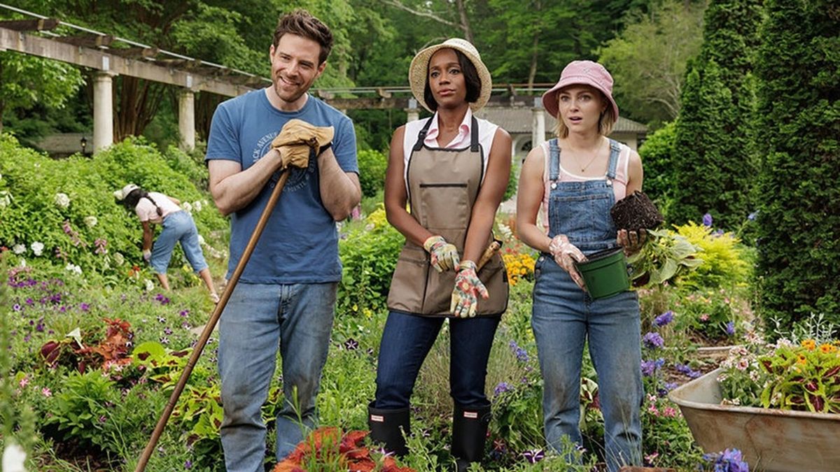 Keen gardeners Brett (Ben Rappaport), Catherine (Aja Naomi King) and Alice (AnnaSophia Robb) stand together in a lush green garden, stopping their digging to appraise someone off screen in comedy drama series &quot;Grosse Point Garden Society.&quot;