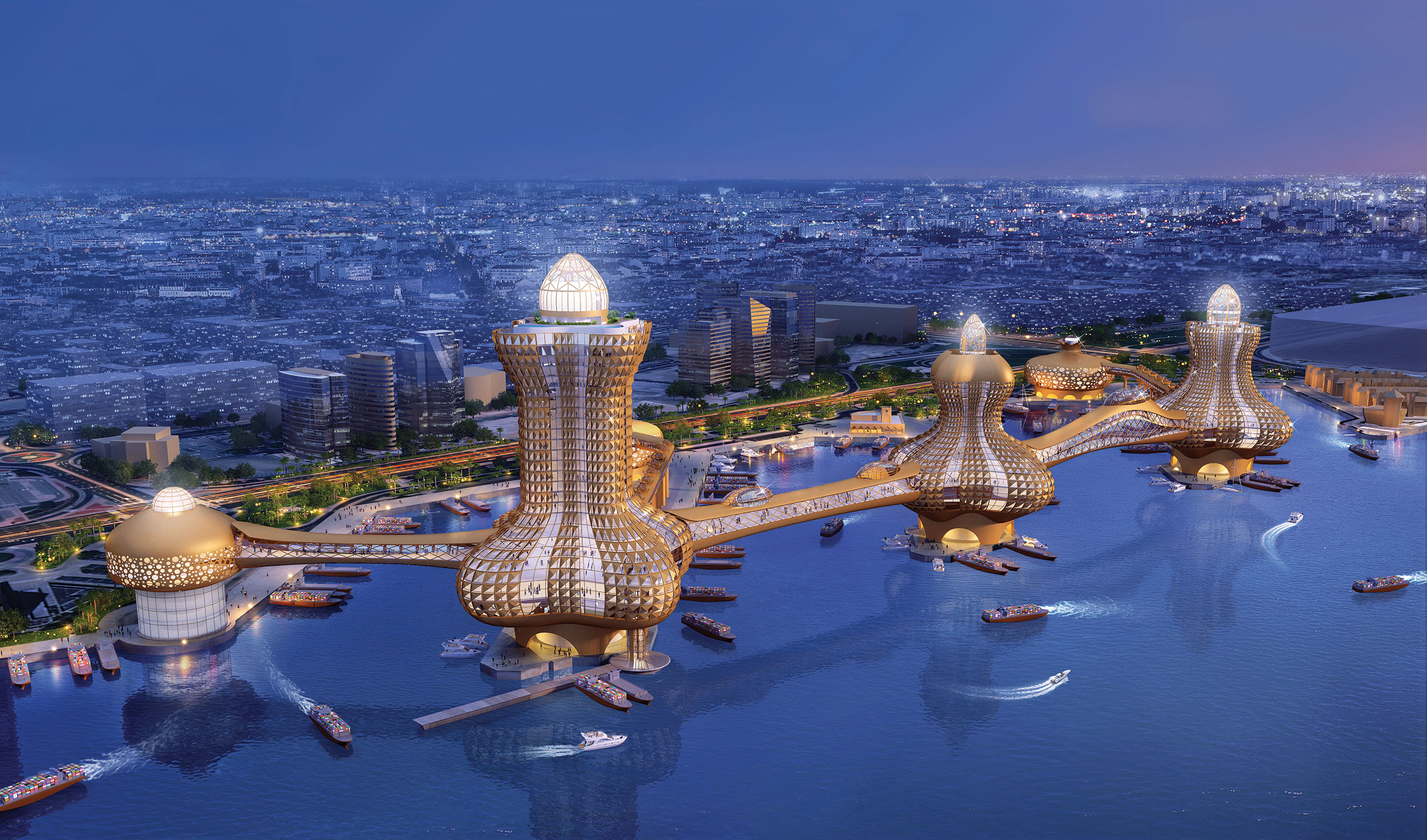 Three bejewelled towers, linked by waterways, across the coastline of Dubai
