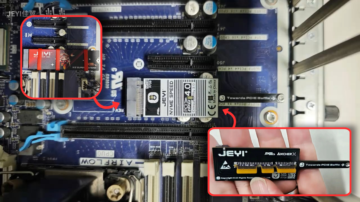 New flat M.2 SSD adapter doesn't stick out from the motherboard, unlocking PCIe slots hidden under massive GPUs — JEYI's new 'ArcherX' AIC lays completely flush and supports PCIe 4.0 speeds