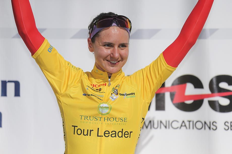 Megan Guarnier wears the leaders jersey