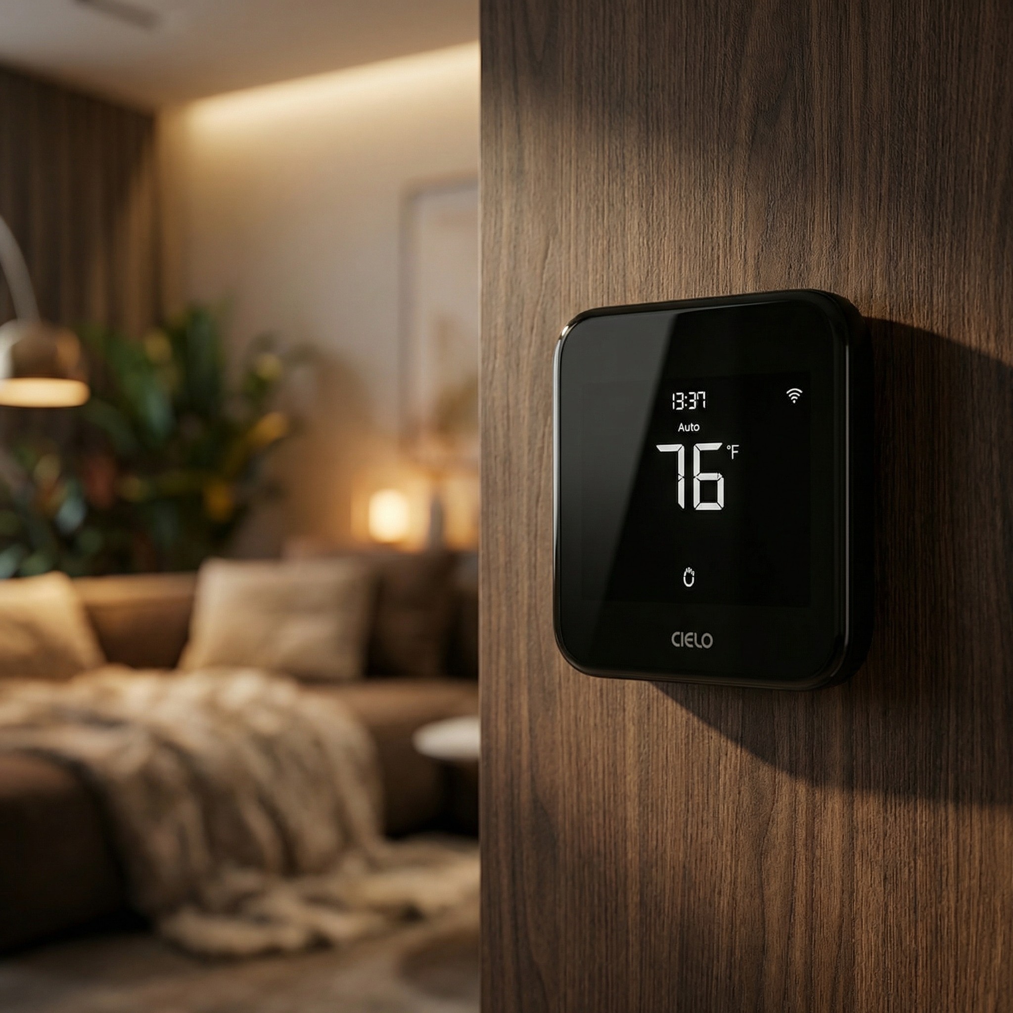Cielo Smart Thermostat Eco on a wooden wall