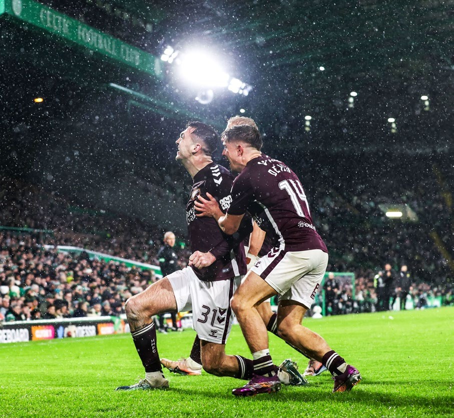 GLASGOW, SCOTLAND - DECEMBER 07: Hearts Oisin McEntee celebrates after scoring to make it 2-0 during a William Hill Premiership match between Celtic and Heart of Midlothian at Celtic Park, on December 06, 2025, in Glasgow, Scotland. (Photo by Alan Harvey/SNS Group via Getty Images)