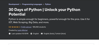 A screenshot of the Udemy website advertising the '30 Days of Python | Unlock your Python Potential' course
