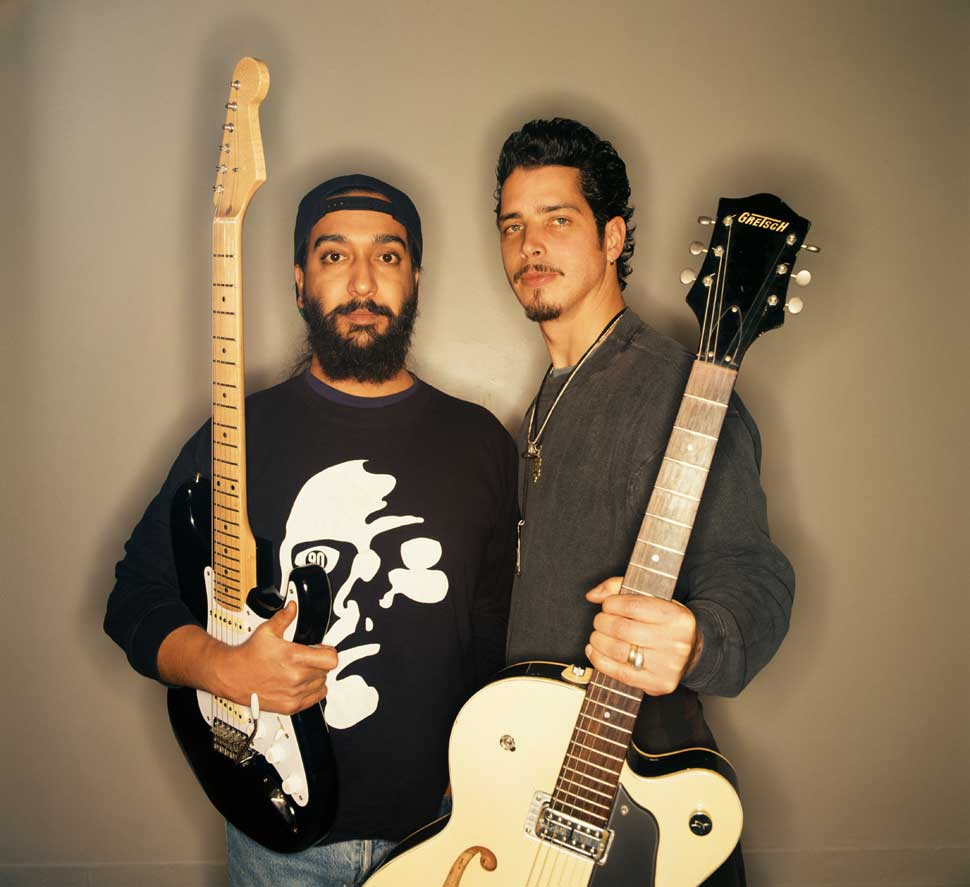 Singer/guitarist Chris Cornell (right) and guitarist Kim Thayil of Soundgarden pose for a portrait on December 1, 1993 in New York City, New York
