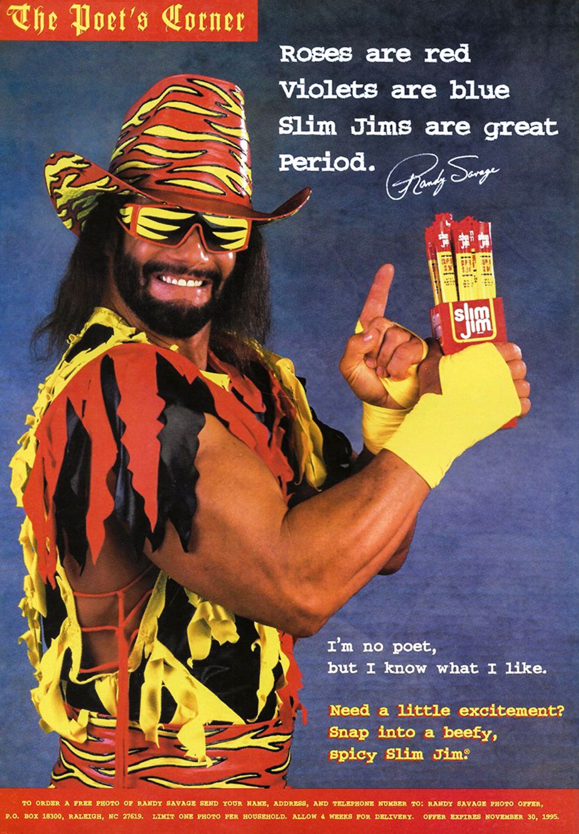 Randy Savage in a Slim Jim print advertisement