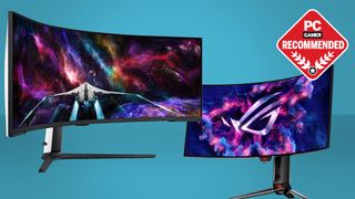 An image of two of the best ultrawide monitors for gaming with the PC Gamer Recommends badge.