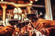 hands raising glasses of wine in cheers motion