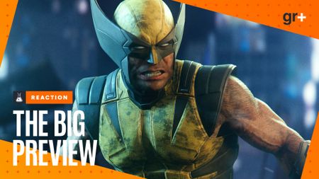 A close-up of Logan in a Japanese street in Marvel's Wolverine, with the orange GamesRadar Big Preview frame