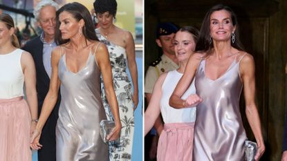 Composite of two pictures of Queen Letizia of Spain wearing a silver slip dress with matching silver accessories at the Atlantida Mallorca Film Fest