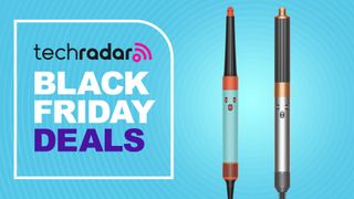 Dyson Airwrap i.d and Airwrap Origin on a blue TechRadar Black Friday deals background