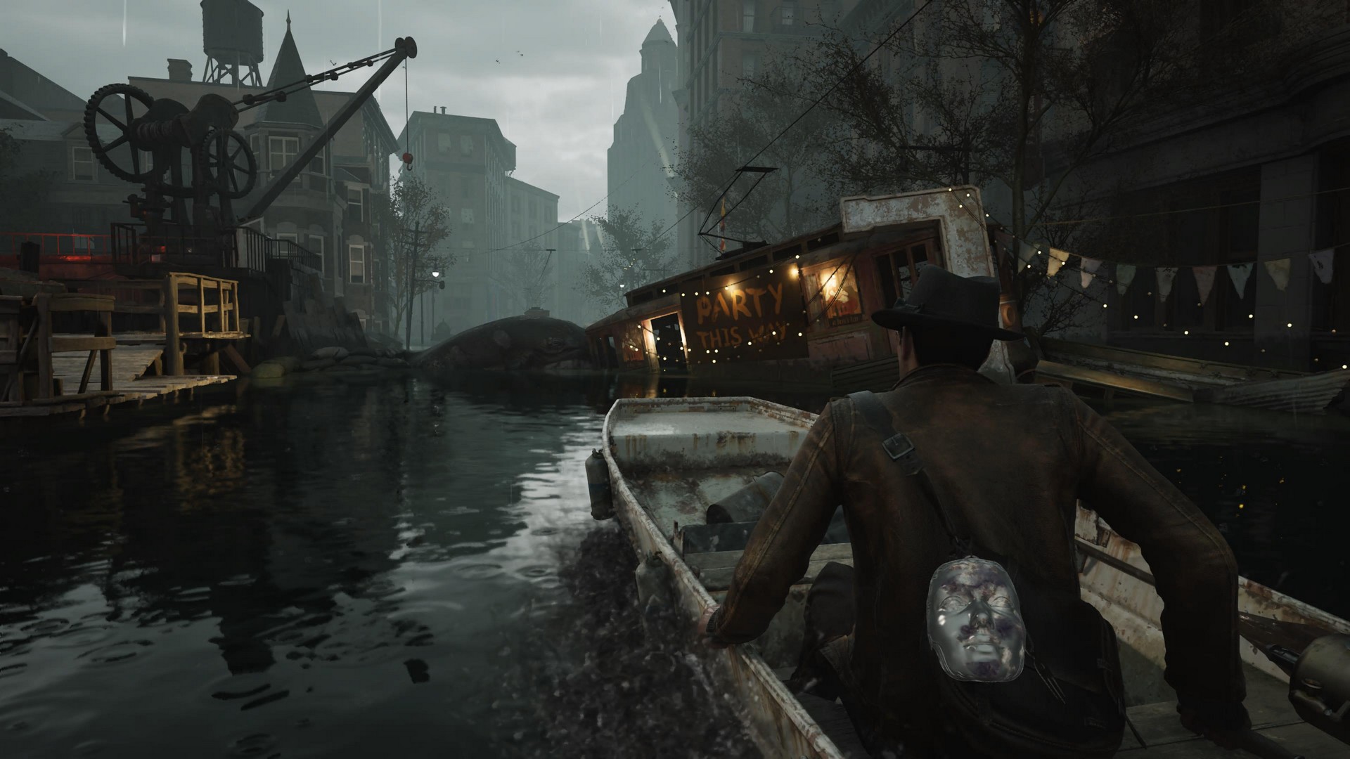 Calvin pilots his boat through flooded Arkham streets in The Sinking City 2, approaching a whale corpse and a half-sunken party boat