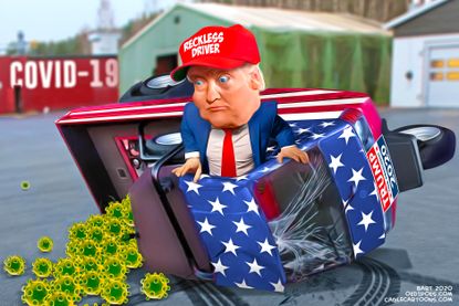 Political Cartoon U.S. Trump reckless driving 2020 election coronavirus crisis