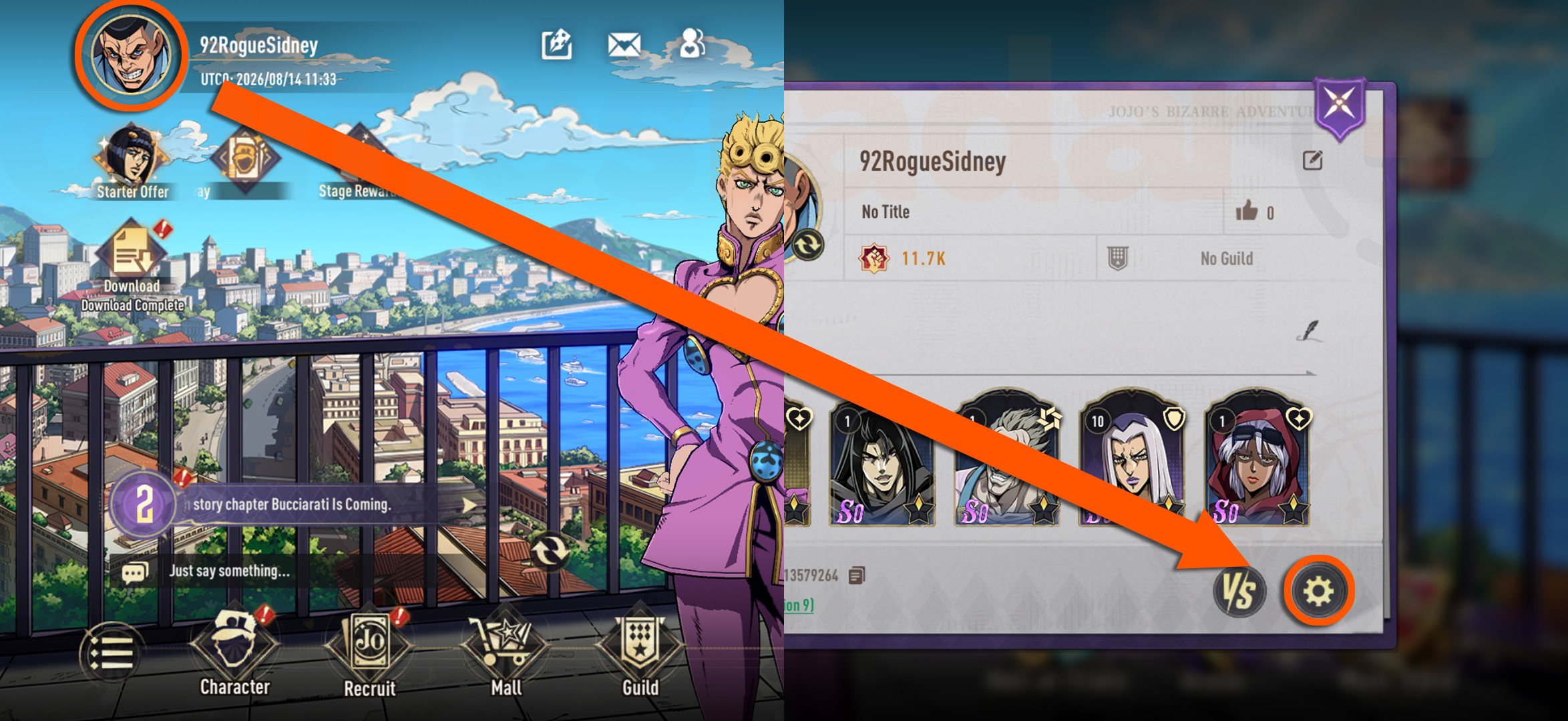 An arrow showing how to access the menu to redeem JoJo's Bizarre Adventure Golden Spirit codes