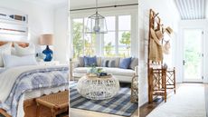  Here are three pictures of the chalky blue trend - a bedroom with a rattan bed with white sheets and chalky blue pillows and throws, a living area with a white couch with blue cushions and a large window behind it, and a white entryway with a white and blue striped ceiling and bamboo coat rack