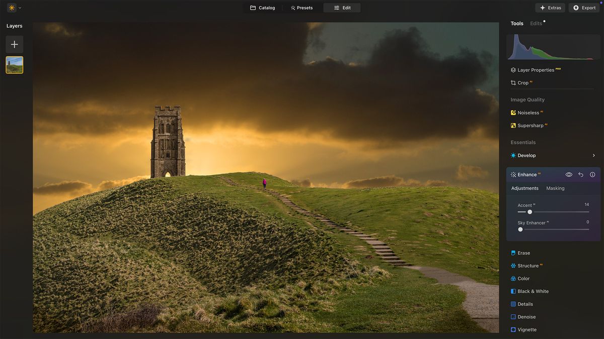 Luminar Neo screenshot showing historic building on hill with sunset sky