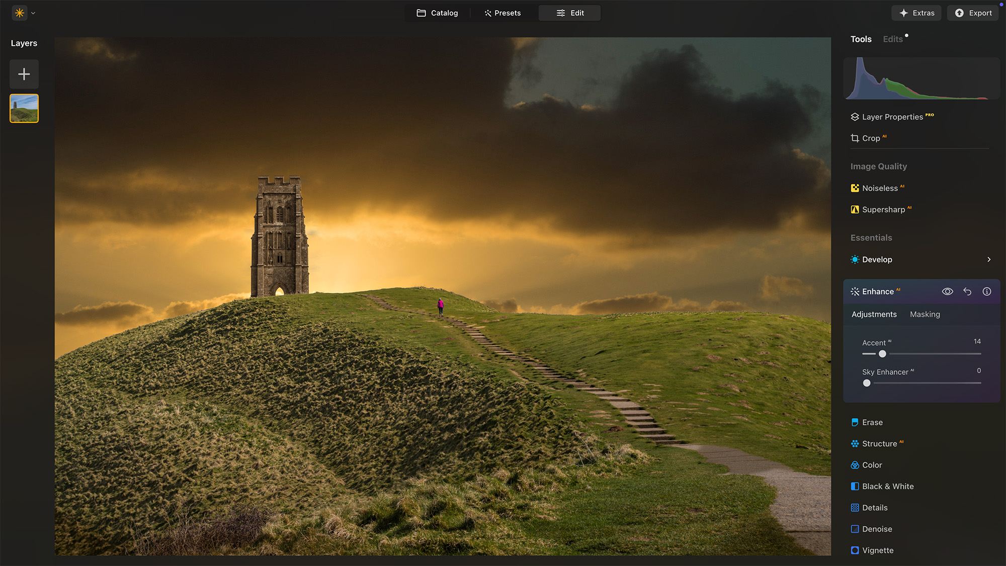 Luminar Neo screenshot showing historic building on hill with sunset sky