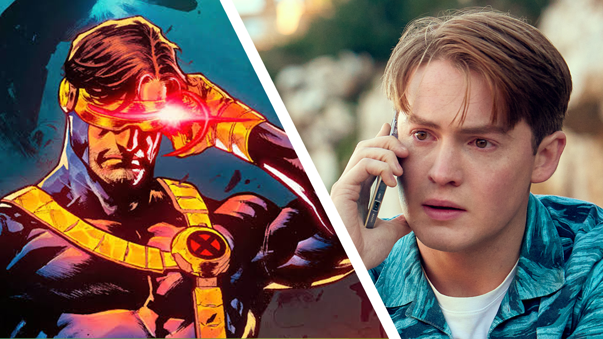 A collage showing a screenshot of Cyclops in Marvel Comics and Heartstopper's Kit Connor on the phone