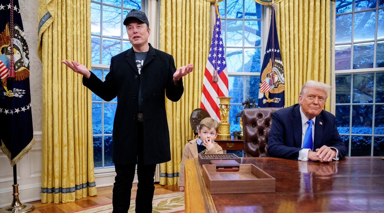 WASHINGTON, DC - FEBRUARY 11: Tesla and SpaceX CEO Elon Musk, accompanied by U.S. President Donald Trump (R), and his son X Musk, speaks during an executive order signing in the Oval Office at the White House on February 11, 2025 in Washington, DC. Trump is to sign an executive order implementing the Department of Government Efficiency&#039;s (DOGE) &quot;workforce optimization initiative,&quot; which, according to Trump, will encourage agencies to limit hiring and reduce the size of the federal government. 