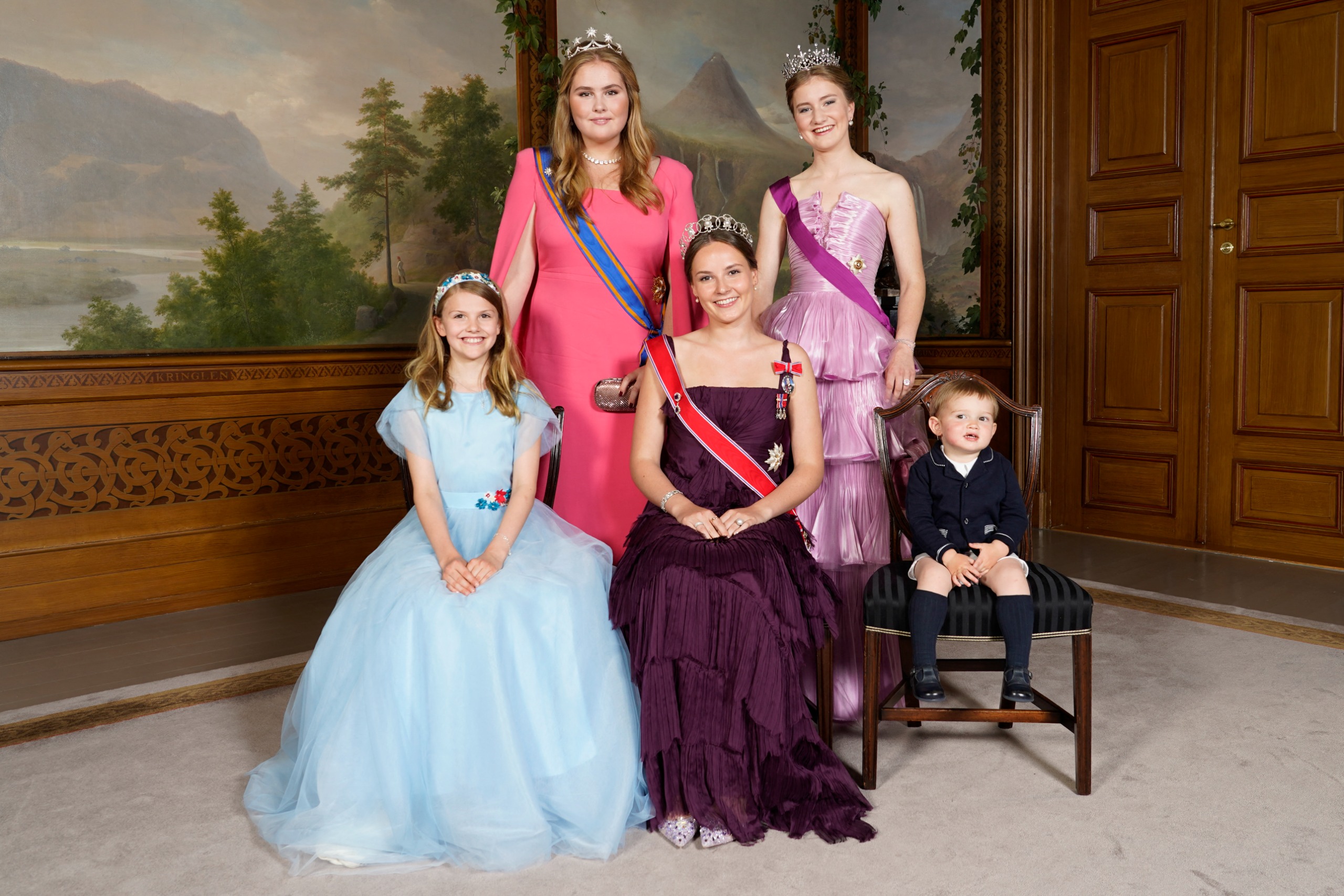 Princess Catharina-Amalia, Princess Elisabeth, Princess Estelle, Princess Ingrid Alexandra and Prince Charles of Luxembourg in formalwear