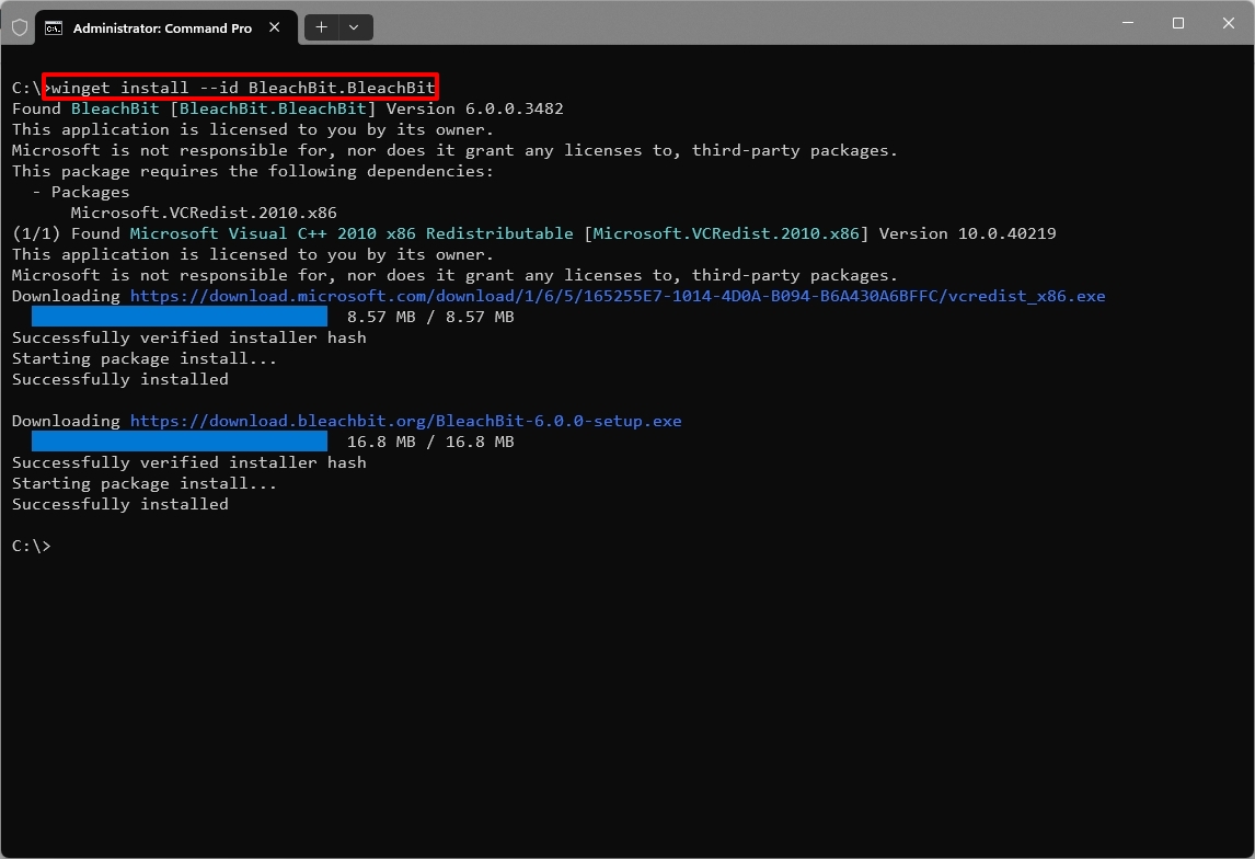 Command Prompt showing the winget command installing the BleachBit tool on Windows 11.