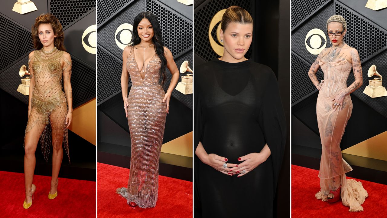 Miley Cyrus, Halle Bailey, Sofia Richie Grainge and Doja Cat in the naked dress trend at the 2024 Grammys.