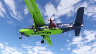 A skydiver jumping out of a plane among the clouds in MSFS 2024