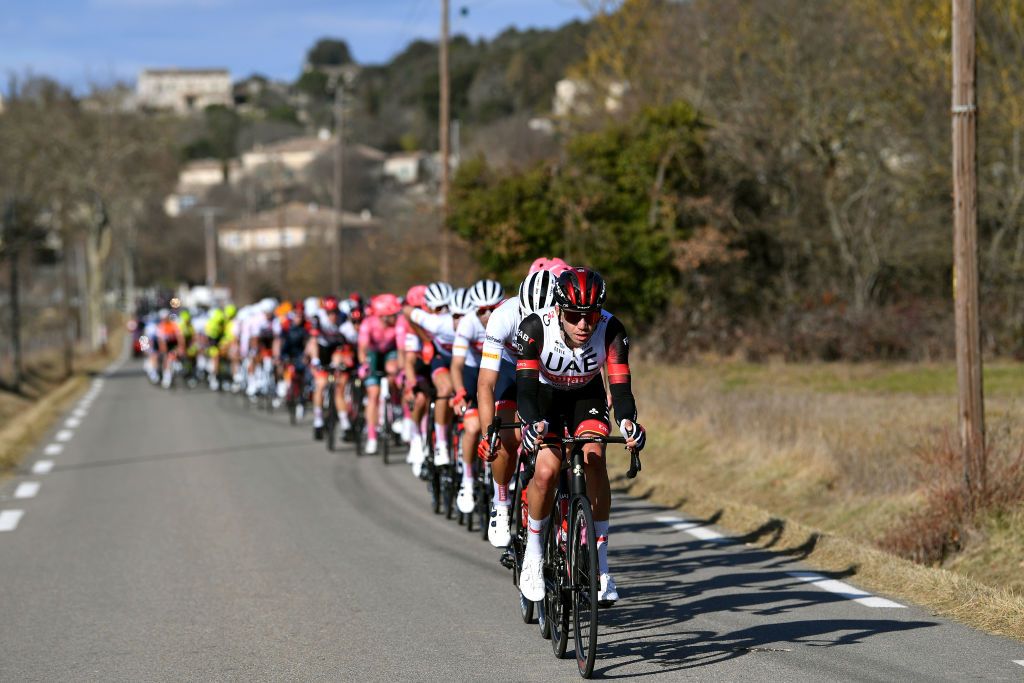 BESSGES FRANCE FEBRUARY 04 Ivo Oliveira of Portugal and UAE Team Emirates leads the peloton during the 52nd toile De Bessges Tour Du Gard 2022 Stage 3 a 155km stage from Bessges to Bessges EtoiledeBesseges EDB2022 on February 04 2022 in Bessges France Photo by Luc ClaessenGetty Images