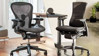 Side-by-side shots of the Herman Miller Aeron and Herman Miller Embody chairs in a well-lit offices