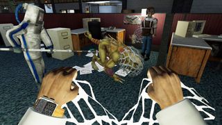 Scientists fighting an alien in an office