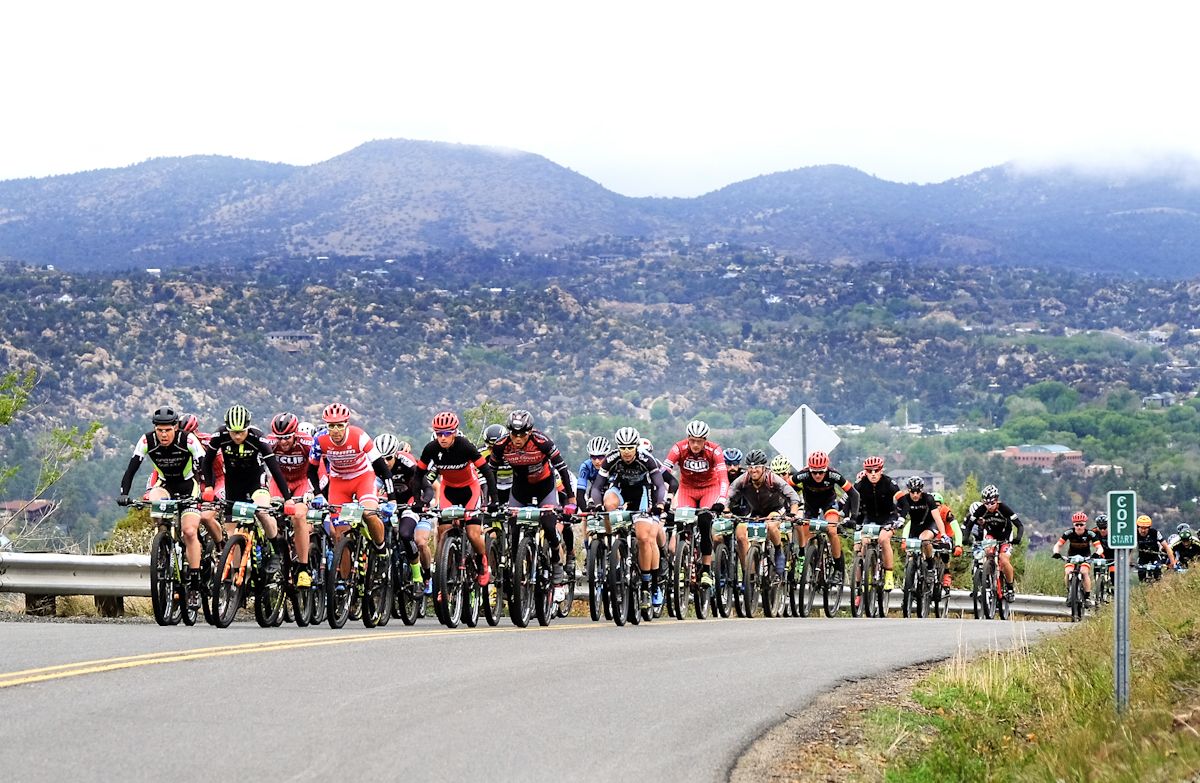 The Elite men on the long road climb out of Prescott