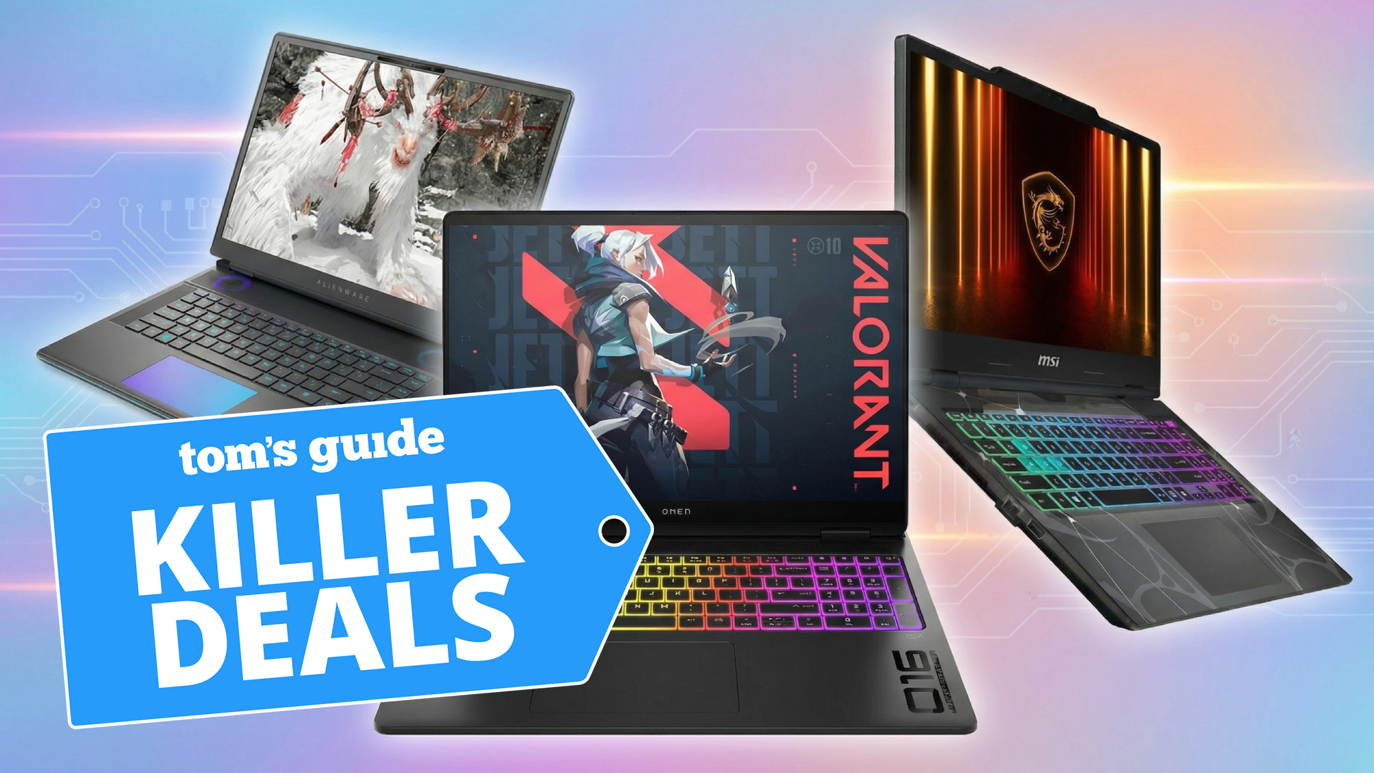 Three gaming laptops shown against a colorful tech background