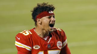 Patrick Mahomes #15 of the Kansas City Chiefs lets our a roar ahead of the Chargers vs Chiefs game.