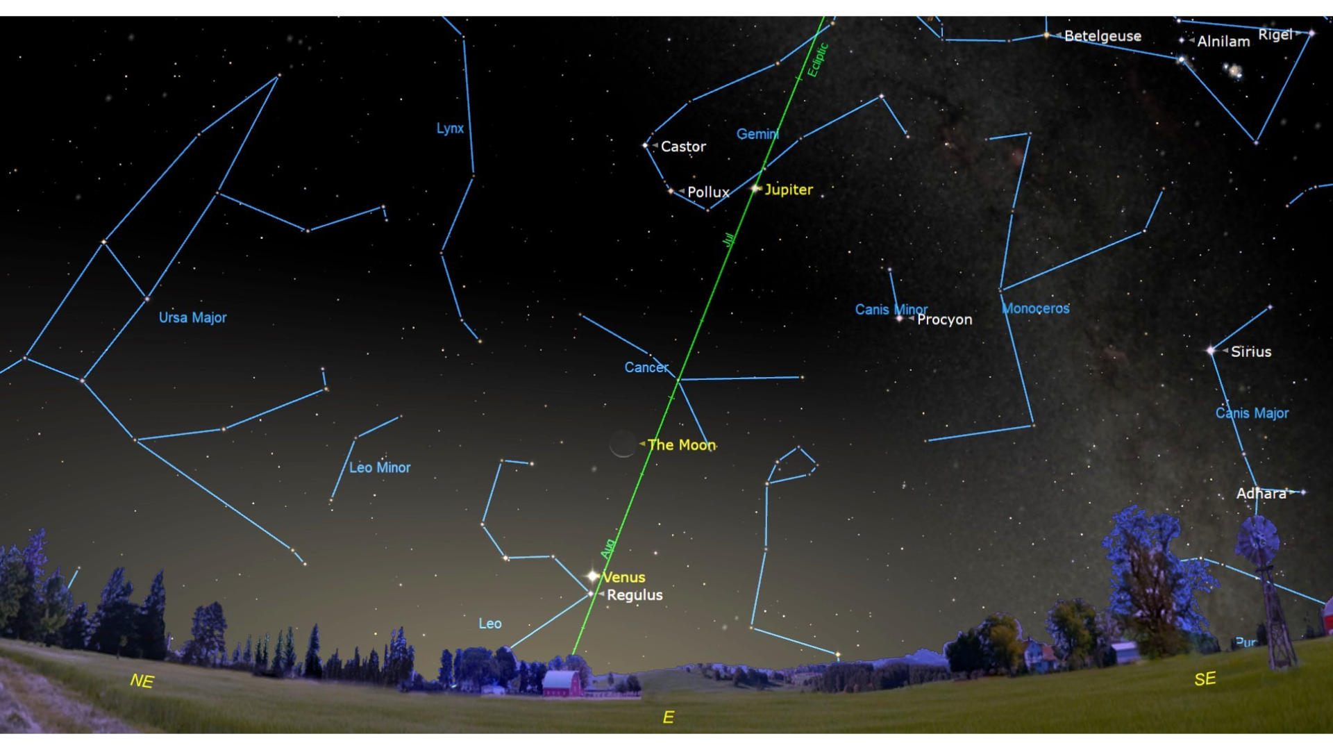 A labeled map of the night sky with several constellations and objects including the moon, Uranus and Regulus. The sky lower to the horizon is brighter with zodiacal light