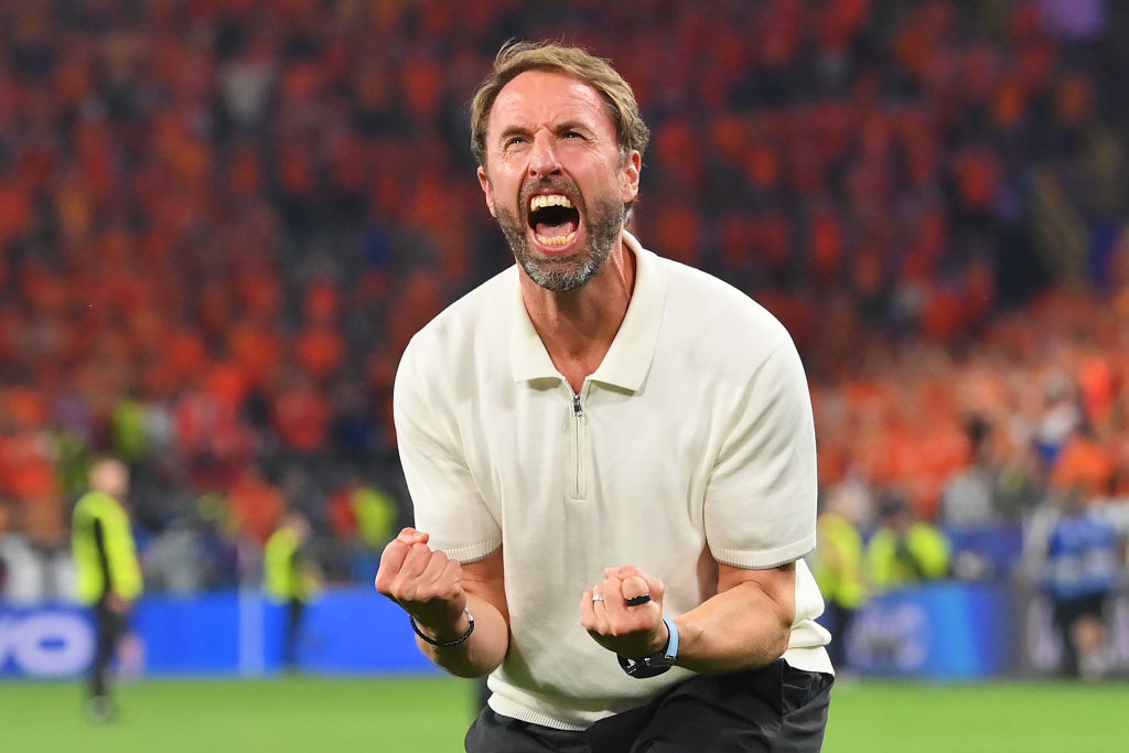 England Euro 2024 squad Gareth Southgate, Head Coach of England, celebrates after the team's victory in the UEFA EURO 2024 semi-final match between Netherlands and England at Football Stadium Dortmund on July 10, 2024 in Dortmund, Germany. (Photo by Stu Forster/Getty Images)