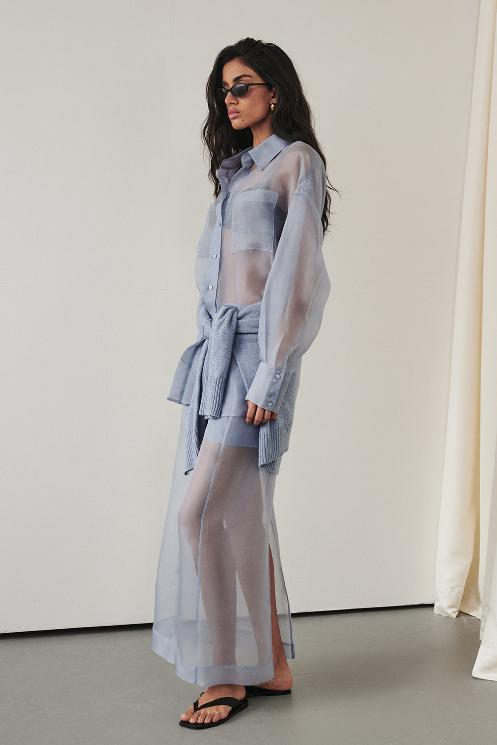 Sian Dusty Blue Silk Organza Midi Skirt - 0 / Dusty Blue