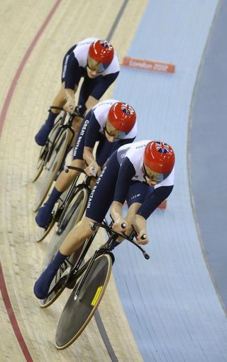 The Great Britain team on their way to a women's team pursuit world record