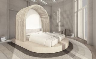Interior bedroom space, neutral colours, using materials such as clay and birch wood, Simon has created an aura of tranquility around the central island bed area