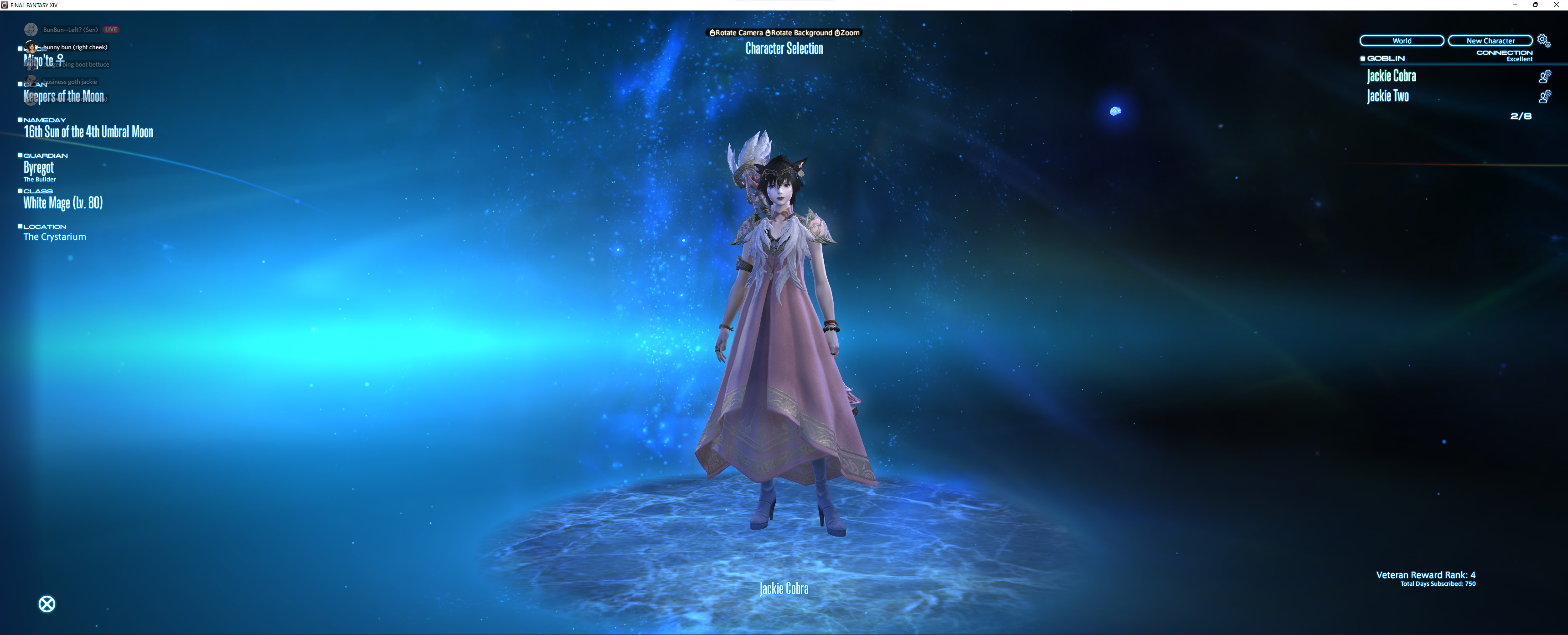 Jackie's log in screen in FFXIV, shes wearing a really cute pink dress that she got because she suffered through Titan Savage.