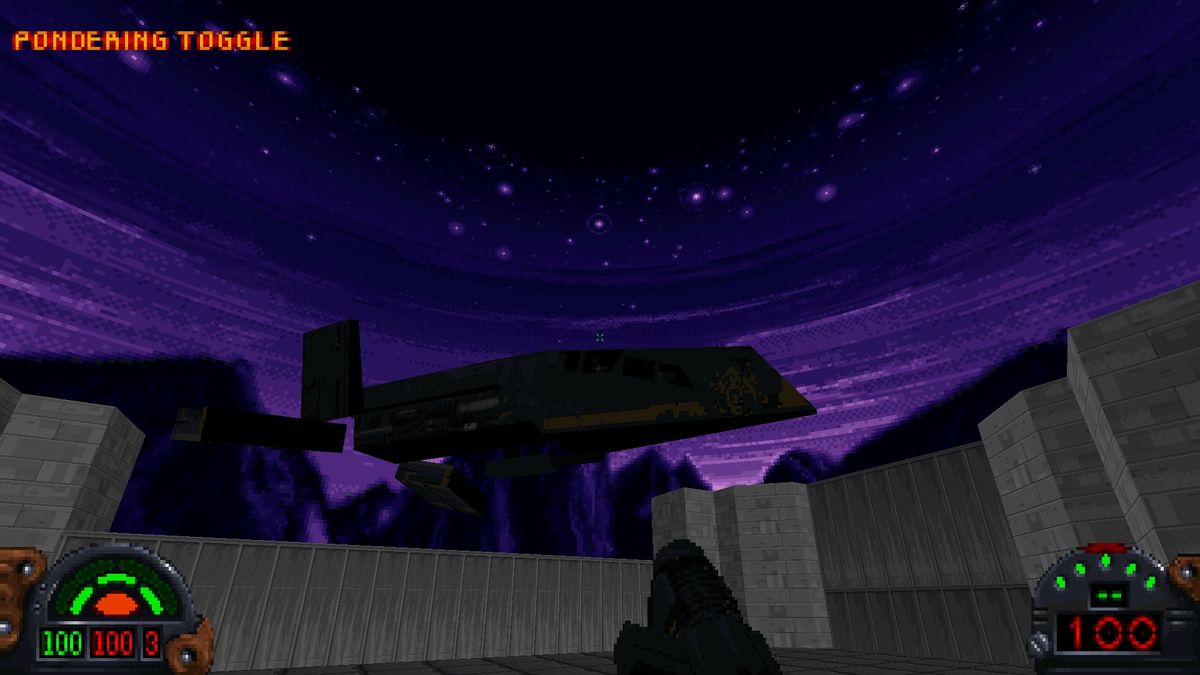 looking up at the Moldy Crow in front of a purple sunset in Dark Forces