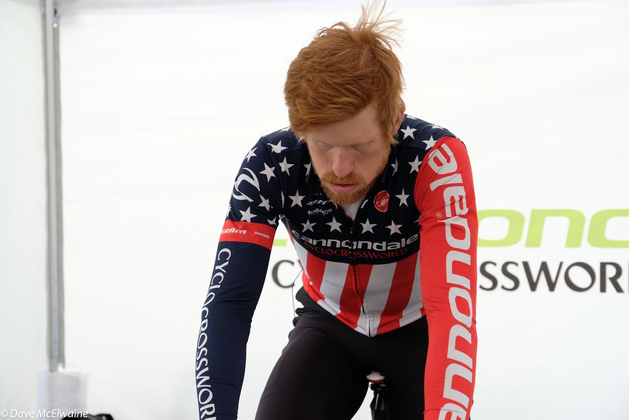 Stephen Hyde (Cannondale) riding his trainer in his 2017 kit